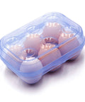 Six Grid Egg Storage Box For Refrigerator And Camping, Portable Egg Carrier With BPA-Free PP Material, Blue, holding brown eggs