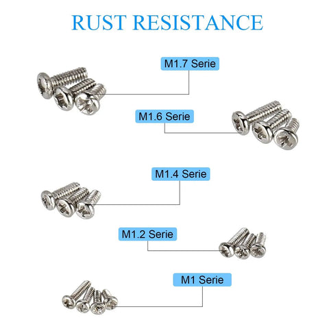 Ultra Tiny M1 Micro Screws Kit For Electronics Repair And Diy 800 Pieces Includes M1x2mm M1x2.5mm M1x3mm M1x4mm M1.2x2.5mm And More Phillips Pan Head Mini Screws In Nickel Plated Carbon Steel With 16 Styles In Plastic Box showing rust resistance of different screw series including M1.7, M1.6, M1.4, M1.2, M1