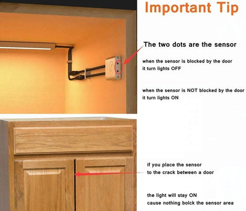 Smart Auto On Off Cabinet Light Sensor Switch For 12V 24V DC LED Lights IR Switch installed above cabinet door with tip guide.