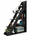 Ladder Bookshelf 5 Tier Industrial Bookcase With Storage Shelves Room Divider Freestanding Display Shelf For Living Room Bedroom And Home Office Black Wood Grain 39.4 W X 70.9 H, angled view displaying books and decor items.