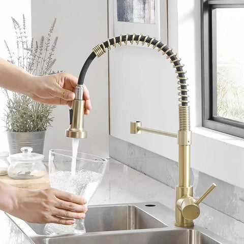 Gold 304 Stainless Steel Kitchen Faucet With Pull Down Sprayer Industrial Single Handle One Hole Mount Built To Last For Farmhouse RV Camper Laundry And Wet Bar Sinks With Brushed Gold Finish 9009K