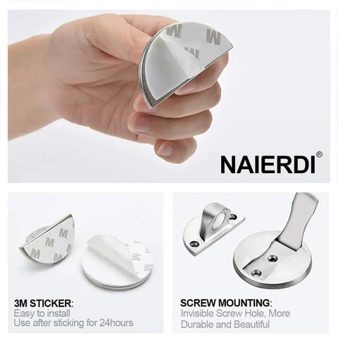 Magnetic Door Stop Set 304 Stainless Steel Brushed Silver No Drill Adhesive Mount With 3M Tape Wall Protector installation