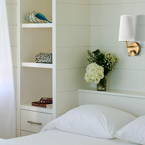 Set Of Two Modern Brass Gold Wall Sconces With Fabric Shade And USB Rechargeable Lights in bedroom with white linen shade