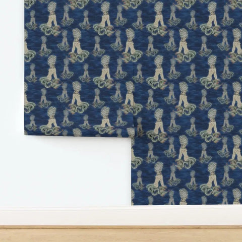 Little Rococo PVC Free Wallpaper Featuring Heavy Duty Poly Blend With Smooth Linen Texture For Kitchens Bathrooms And Mudrooms, blue pattern