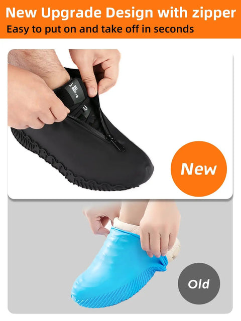 Comparison of waterproof silicone shoe covers: black cover with zipper shown for easy use, versus blue without zipper.