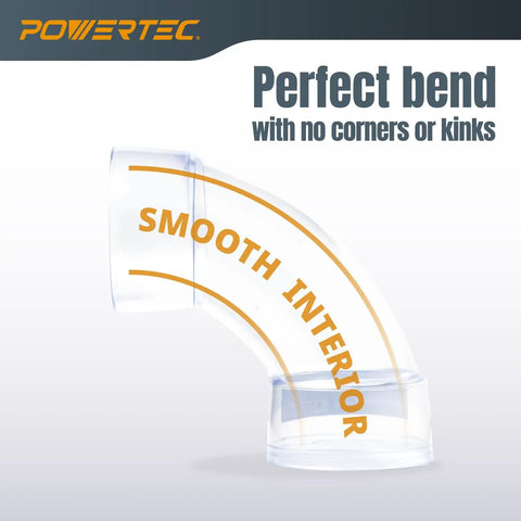 Four Inch ID 90 Degree Dust Collection Elbow Fitting For Four Inch OD Pipes Easy Clip On Quick Connect Clear View Built In Coupler Durable Plastic
