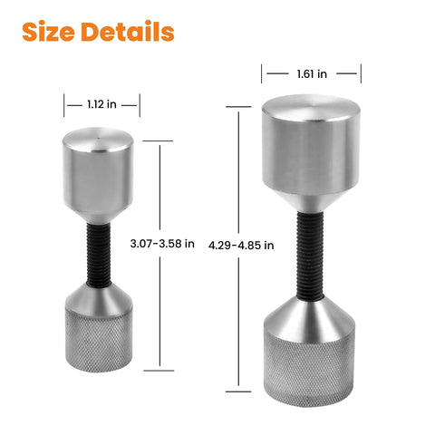 Four stainless steel flange two-hole alignment pins, 1-1/8 in and 1-5/8 in diameters, front view