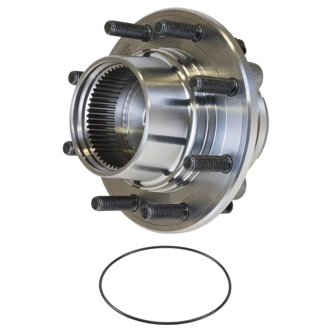 Front Wheel Bearing And Hub Assembly For 1999 To 2004 Ford F250 F350 Super Duty 4WD Includes Abs Cable, shiny steel design with bolts.