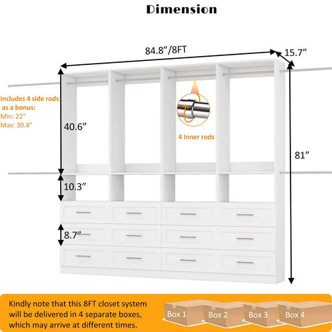 Hella Spacious Modular Closet System With Twelve Deep Drawers And Eight Heavy Duty Hanging Rods Expands From Two To Eight Feet Freestanding White Wood Wardrobe No Sweat Setup For Real Home Organization
