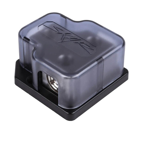 X1 0/4 Gauge Input To Two 0/4 Gauge Outputs Power Distribution Block With Zinc Alloy Mounting Base And Included 1/0 To 4 Gauge Reducers, black cover