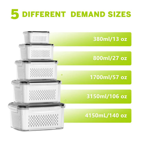 Five Pack Fridge Storage Containers With Removable Colanders, Leakproof Lids, And Clear Lids, stacked in different sizes