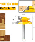Built Tough 45 Degree Lock Miter Router Bit Set Three Piece Kit For Worry Free Woodworking Joints With One Quarter Inch Shank And Tough Carbide Cutters 1/4 inch shank specifications and profile details.