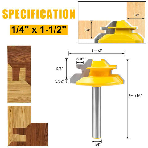 Built Tough 45 Degree Lock Miter Router Bit Set Three Piece Kit For Worry Free Woodworking Joints With One Quarter Inch Shank And Tough Carbide Cutters 1/4 inch shank specifications and profile details.