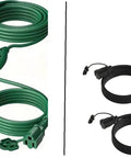 Two types of outdoor extension cord splitters: green 1-to-3 splitter and black 1-to-3 splitter, both weatherproof and rugged.
