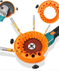 Shop Staple Drill Bit Sharpener Attachment For 4 And 5 Inch Angle Grinders showing orange sharpener and drill bits.
