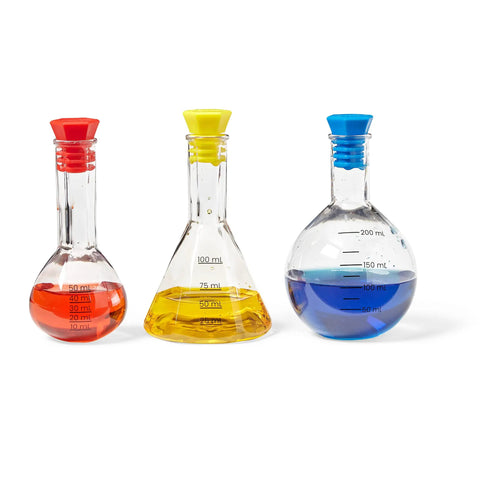 Starter Science Measuring Flasks Set For Kids Kid Friendly Plastic Beaker Kit with three flasks filled with colored liquids