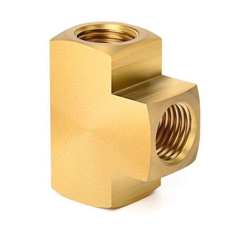 Five Pack Brass Barstock Tee Fittings One Quarter Inch By One Quarter Inch By One Quarter Inch NPT Female Pipe Fittings For Plumbing Quick Connects Corrosion Resistant Beefy Brass Easy Install And Reliable Water Line Splitter close-up