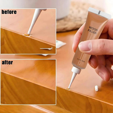 DIY Wood Repair Kit for Scratches and Cracks on Hardwood, Laminate, Vinyl Floors and Furniture, 12 Color Fillers in use on wood surface