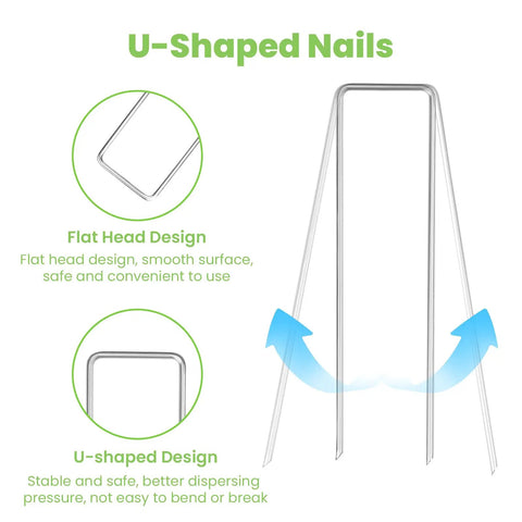 Diagram of heavy duty 6 inch galvanized landscape staples U shaped pins for securing weed barrier fabric with close-ups.