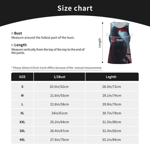 Size chart for Premium Lightweight Men Workout Tank Top Featuring Dope Dragon Print Artwork, displaying measurements for different sizes.