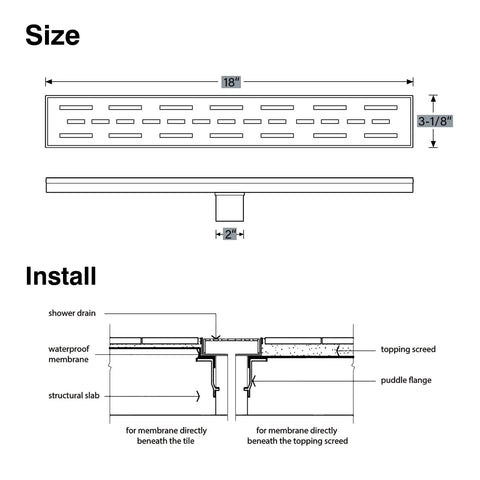 Diagram showing Brushed Stainless Steel 18 Inch Linear Shower Drain With 2 Inch Outlet 3.15 Inch Wide and installation details.