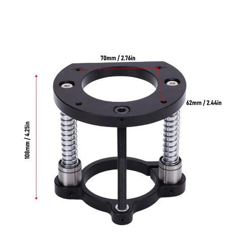Heavy Duty Router Lift Base With Crank Handle Aluminum Alloy And Stainless Steel Construction 2 Jaw Clamping For 64-66mm Small Trimming Machines Smooth Lifting System For Precise Slotting And Chamfering. Black router lift base with 70mm lift, 62mm top opening, aluminum alloy and steel.