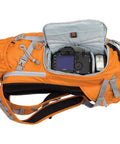 Ultra Cinch Camera Chamber Backpack For On The Go Photographers With Padded Secure Gear Compartment in bright orange open top view