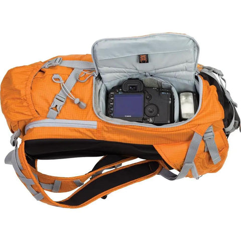 Ultra Cinch Camera Chamber Backpack For On The Go Photographers With Padded Secure Gear Compartment in bright orange open top view