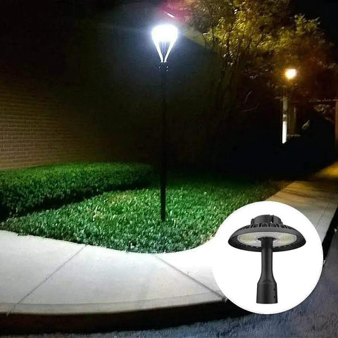 Outdoor Post Top LED Light 100W Area Light illuminating a garden path at night, 13,000 Lumens, 5500K Pure White, street pole fixture