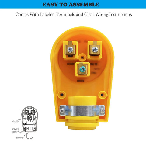 NEMA 6 50R Receptacle Replacement 50 Amp 250 Volt 3 Wire Grounded Heavy Duty Power Cord Outlet back view with labeled terminals