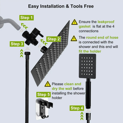 Installation steps of All Metal Rain Shower Head With Handheld Spray, 8 inch square matte black SUS304 construction shown