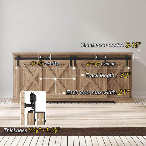 Image of Six Foot Mini Cabinet Bypass Barn Door Hardware Kit With Single Track, showing track length and door overlap details.