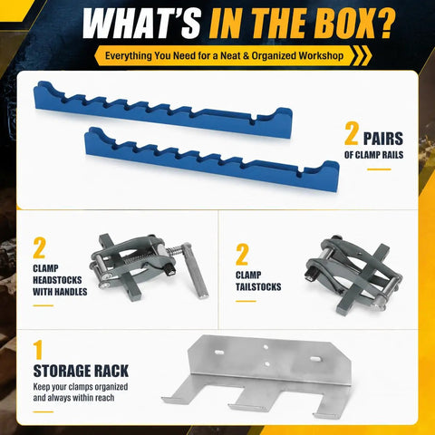 Premium 19 Inch Panel Clamps With Bonus Storage Rack Delivering Four Way Pressure For Flawless Woodworking Glue Ups and clamp storage rack with headstocks and tailstocks.