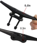 Beefy 6 Inch Black Dock Cleats With Hardware For Boats And Piers Durable Iron With Electrophoretic Coating detail view showing measurements