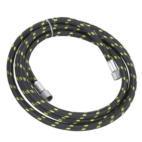 Super Chill Hella Flexible Braided Air Hose And Durable Rubber Tube With Spray Pen Adapter For Zero Kink Airbrush Extension Smooth Paint Flow One Eighth Inch Six Feet Long in black and yellow braided design.