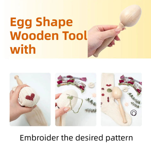 Egg-shaped wooden darning tool with embroidery example, threads, needles, and knitted sock for quick repair and pattern creation.