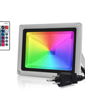 RGB Color Changing LED Flood Lights With Remote Dimmable IP65 Waterproof Stage Lighting For Indoor Outdoor Decor Multi Color Uplighting For Christmas Parties And Events shown with remote control and power plug