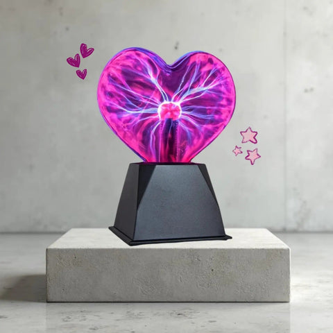 8 Inch Heart Shaped Touch And Sound Sensitive Plasma Lamp Globe For Home And Office Decor, glowing purple on a black pedestal