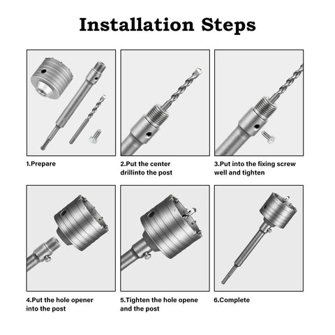 Heavy-Duty 6 Inch Concrete Hole Saw Kit With Tungsten Steel Wall Cutter Drill Bit Set installation steps illustration