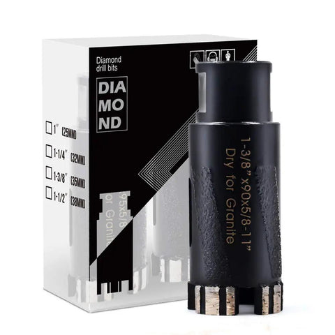 Close-up of a single 2 Pack 1-3/8 Inch Dry Diamond Core Drill Bit With 5/8-11 Thread For Granite And Masonry, black textured surface.