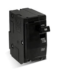 Heavy Duty 50 Amp 2 Pole Circuit Breaker With Plug In Mount And Visual Trip Indicator, black, showing ON/OFF switch, rated 120/240 VAC.