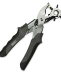 Beefy Revolving Punch Pliers Set With Six Hole Sizes for leather, rubber, and plastic with ergonomic grip and sharp circular punch tips