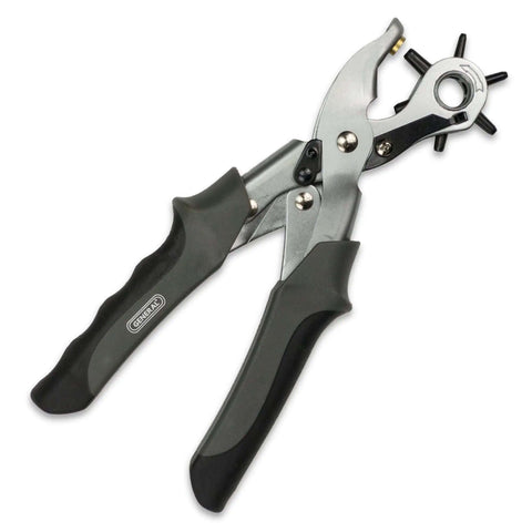 Beefy Revolving Punch Pliers Set With Six Hole Sizes for leather, rubber, and plastic with ergonomic grip and sharp circular punch tips