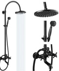 Oil Rubbed Bronze Exposed Shower System With Brass Dual Knobs 8 Inch Rainfall Round Head Handheld Sprayer All In One Three Function Mixer Tub Spout Wall Mounted Shower Faucet Set For Ready To Install And Top Notch Bathroom Upgrade