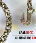 Close-up of grade G70 grab hook chain from 4 Pack 2 Inch Orange Ratchet Straps With Chain Anchors 4000 Lbs WLL Heavy Duty Cargo Tie Downs