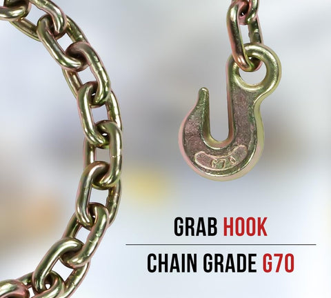 Close-up of grade G70 grab hook chain from 4 Pack 2 Inch Orange Ratchet Straps With Chain Anchors 4000 Lbs WLL Heavy Duty Cargo Tie Downs