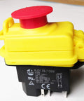 Waterproof Electromagnetic Push Button Switch With Emergency Stop Cover, model KJD17B, shown with red E-stop and yellow body