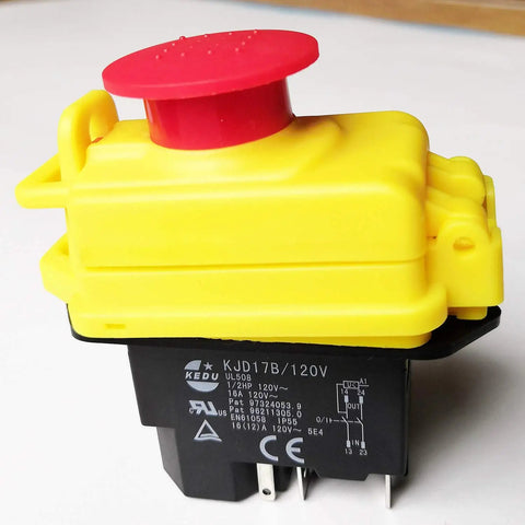 Waterproof Electromagnetic Push Button Switch With Emergency Stop Cover, model KJD17B, shown with red E-stop and yellow body
