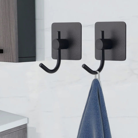 12 Pack Heavy Duty Adhesive Wall Hooks Aluminum Towel Hangers For Hanging Coats Hats Towels Robes Keys And Clothes Stick On Wall Mounts For Kitchen And Bathroom Black, two hooks displayed