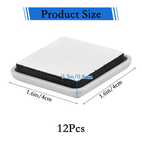 12 Piece Self Adhesive Furniture Sliders Set For Carpet And Hardwood Floors featuring a 1.5 in square pad with dimensions labeled